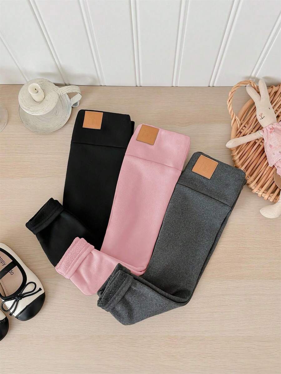 SHEIN LMoss Kids LMoss 3件套女婴秋冬加厚保暖内衬打底裤（黑色、灰色和杏色）。买1送3，百搭休闲保暖内衬裤 - 彩色 - 查看 1