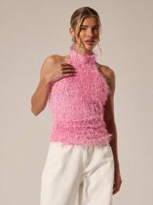 MUSERA High Halter Racer Neck Textured Fluffy Longline Top Festival, Concert, Rave, Club , Summer, Sexy Fall