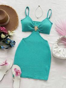 Soleia 性感镂空腰部吊带背心纹理面料女式迷你连衣裙，适合节日、约会、下午茶、度假、音乐节、波西米亚风、钩针编织、亚麻 - 藍色 - 查看 4