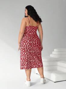 Solflare 大码女装、沙滩装、波西米亚风、春装、节日派对加大连衣裙、夏威夷女装、休闲女装、细肩带印花开衩下摆休闲连衣裙 - 紅色 - 查看 2