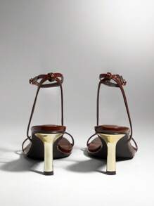 SHUZIA 热销女士优雅巧克力色PU踝扣带方头中跟派对春夏高跟舞蹈凉鞋 - 巧克力棕 - 查看 7