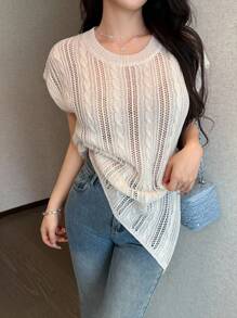 Celisse Spring/Summer Round Neck Asymmetrical Crochet Sleeveless Knitted Cardigan For Women - Apricot - View 4