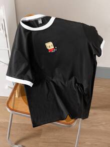 Manfinity Hypemode Men's Casual Cartoon Printed Colorblock Trim Short Sleeve T-Shirt - Black and White - View 1