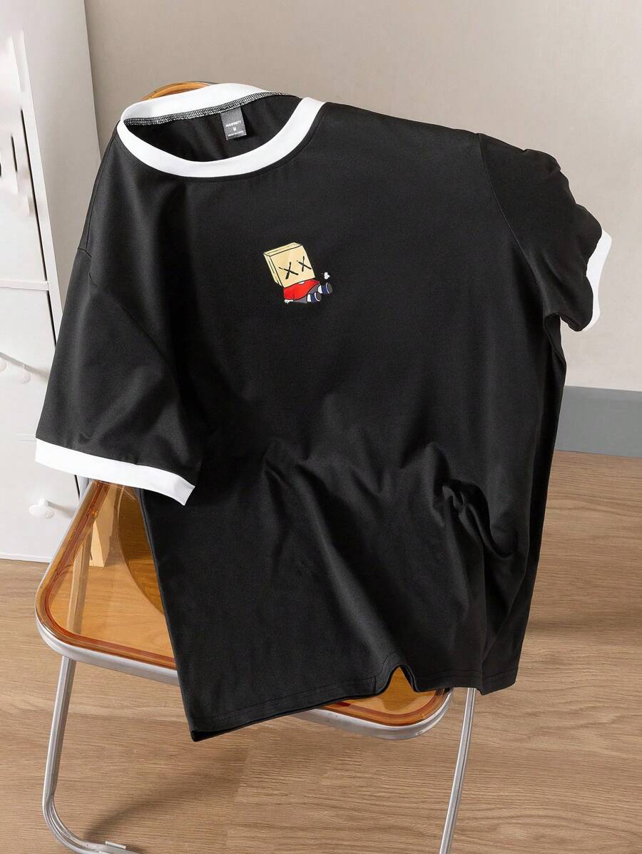 Manfinity Hypemode Men's Casual Cartoon Printed Colorblock Trim Short Sleeve T-Shirt - Black and White - View 1