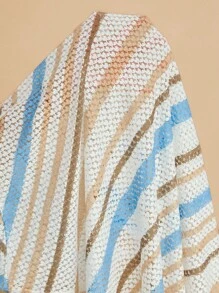 SHEIN VCAY Plus Size Women Striped Floral Print Jacket, Lace Striped Floral Print Batwing Sleeve Loose O-Type Cover Up Vacation Holiday Beach Summer City Break Boho Chic Travel Airport Going Out Country Old Money Vintage Women, Tulum, Teacher Back To School Fall Women Autumn - Multicolor - View 7