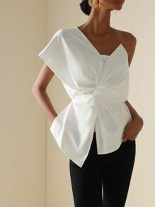 SHEIN Veneréa Áo cánh xoắn một bên vai màu trơn thanh lịch thời trang cho mùa hè - trắng - Xem 4