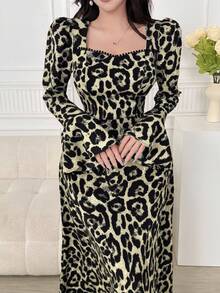 Feyla 女士时尚豹纹喇叭袖连衣裙秋季优雅女士连衣裙长款晚礼服 - 黃色 - 查看 6