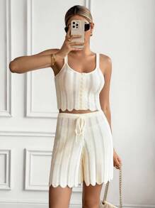SHEIN Frenchy 2pcs Knitted Swirl Pattern Camisole Top And Shorts Set, Sweater Two Pieces Set, Women Summer Casual Vacation Knit Suit Winter - Apricot - View 7