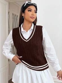 SHEIN EZwear 秋冬大码休闲撞色条纹针织背心 - 棕色 - 查看 1