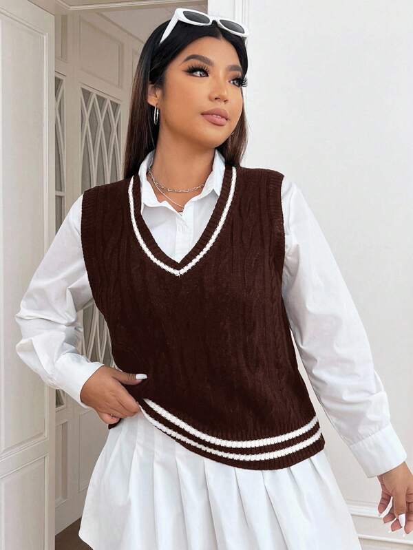 SHEIN EZwear Plus Size Casual Contrast Striped Knitted Vest