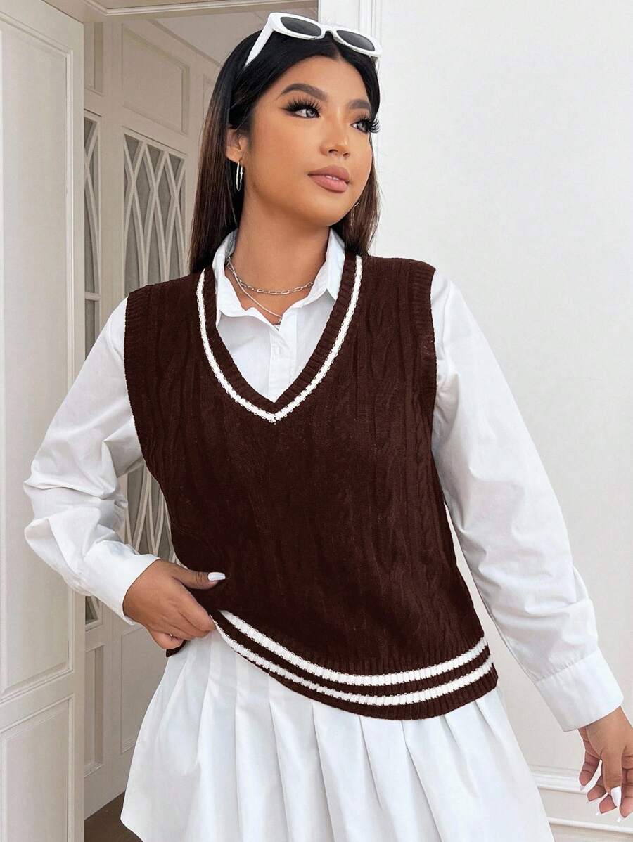 SHEIN EZwear 秋冬大码休闲撞色条纹针织背心 - 棕色 - 查看 1