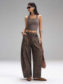 LYSMO 女式褶皱扎染喇叭裤弹力宽松裤 - 棕色 - 查看 4