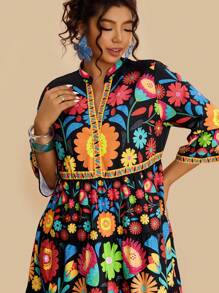 Travachic 大码女式热带花卉印花 V 领 3/4 袖黑色百搭休闲长裙，适合秋季 - 黑色 - 查看 8