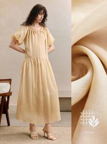 Arave Women's Viscose Fabric Summer Loose Casual Commuting Tie-Neck V-Neck Ruffled Lantern Sleeve Long Midi Dress,Butter Yellow Dress,Summer Dresses For Women,Casual Dresses For Woman,Flowy Dress,Modest Dresses For Women,Graduation Dresses For Women,Going Out Dress, Elegant Midi Dress,Wedding Guest Dress Women