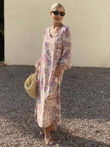 Livesso Print Straight Loose Beach Dress For Women,Fall Dress Long Sleeve Dress Vacation Outfits Women - Purple - View 3
