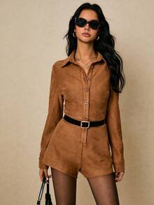 Poéselle Women's Casual Retro Front Button Romper - Brown - View 7