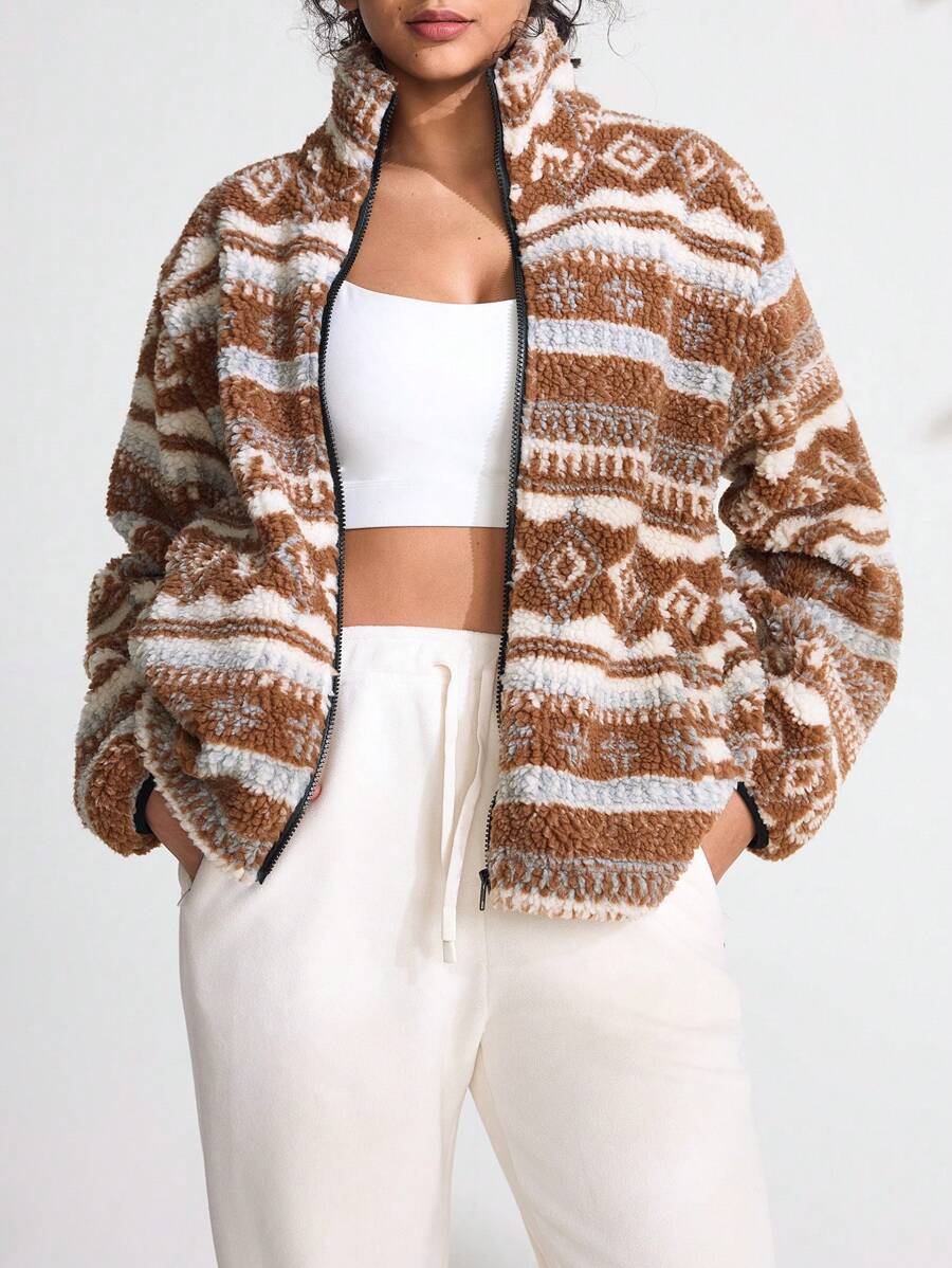Easithlete Easithlete Women Autumn/Winter Geometric Pattern Sherpa Zip Front Outdoor Jacket - Brown - View 1