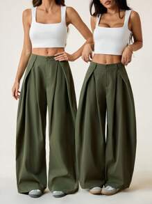 SHEIN PETITE 女士夏季复古休闲街头风外出宽松军绿色弧形下摆裤子 - 軍綠色 - 查看 8