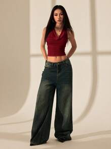 SHEIN PETITE Top aderente corto, da donna, con scollo a drappo, arricciato, allacciato al collo, senza schienale, abbigliamento da strada, estivo