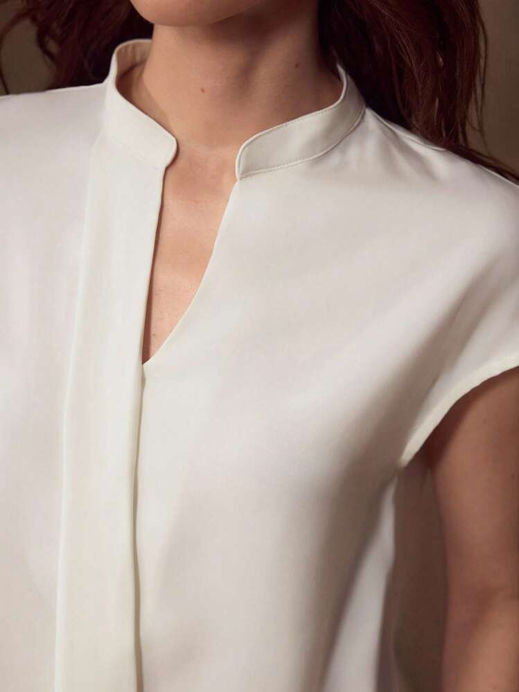 MOTF PREMIUM WOMEN'S SUMMER CASUAL MINIMALIST SOLID COLOR NOTCHED NECK BATWING SLEEVE LOOSE BLOUSE - White - View 2