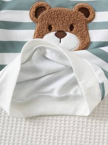 Cozy Pixies 2 件套幼儿男童卡通熊图案条纹圆领运动衫和纯色松紧腰及踝长裤套装 - 綠色 - 查看 5