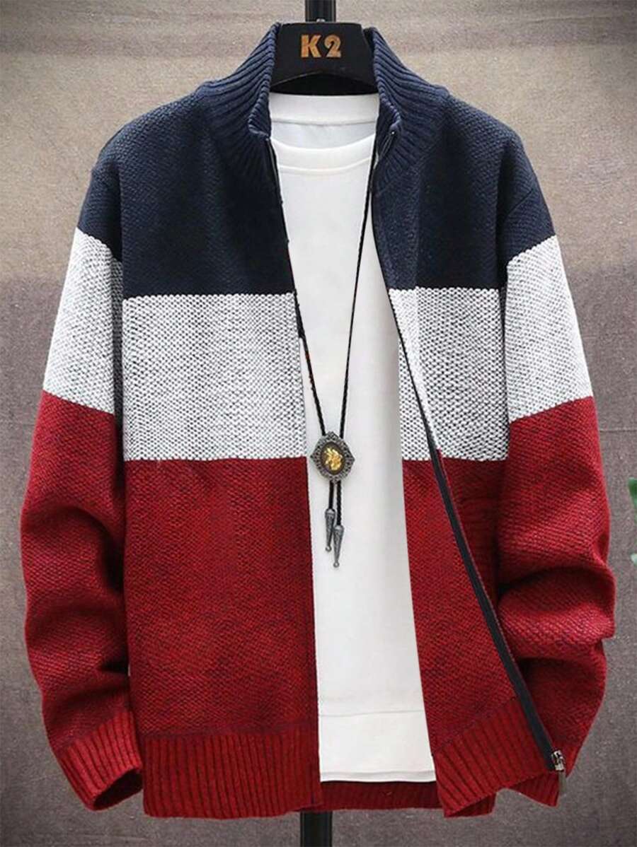 SHEIN Tween Boy 基本款休闲宽松前开撞色针织开衫，适合通勤、上学、日常休闲、运动、春夏秋冬 - 寶藍色 - 查看 1