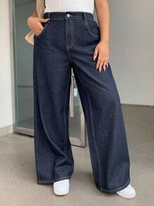 Dazy Plus Plus Size Women's Dark Wash Loose Straight Leg Long Jeans, All-Season