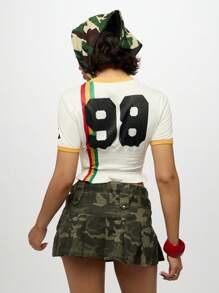 SUMWON WOMEN 天堂岛婴儿 T 恤夏季褶饰腰部拉斯塔条纹短款上衣赛车号码军装风格头巾节日度假海滩