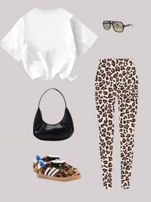 SHEIN GraphicGems Set de 2 piezas de camiseta de manga corta con estampado de leopardo con lazo similar a rhinestone y leggings de estilo casual para niñas preadolescentes, para verano