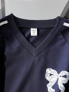 Sweat-shirt-shirt ample en tricot avec nœud pour préadolescentes, décontracté et confortable pour le printemps/automne, style de rue, vacances - Bleu marine - Voir 8