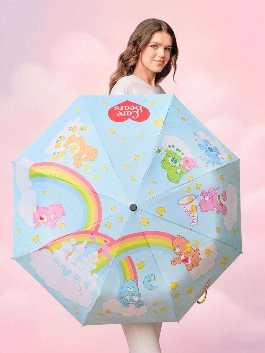 SHEIN X Care Bears Ô dù hoạt hình dễ thương hình gấu cầu vồng trái tim in hình tự động đóng mở, có chức năng chống nắng, thích hợp cho đi học, đi làm, đi chơi và sử dụng hàng ngày, thích hợp cho sinh viên đại học, học sinh trung học và phụ nữ - Màu xanh nhạt - Xem 1