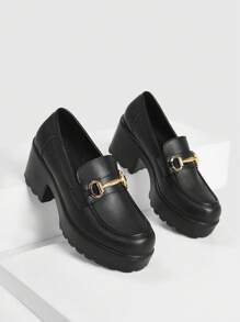 CUCCOO BIZCHIC Zapatos de mujer tipo mocasín con plataforma, detalle de pespunte y decoración metálica, elegantes, en color negro, para el verano, vacaciones, vuelta al colegio, estudiantes universitarios, básicos elegantes, casual de oficina, Navidad, otoño, Año Nuevo, vacaciones