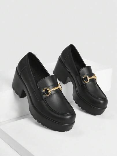 CUCCOO BIZCHIC Women Metal Decor Stitch Detail Platform Elegant Black Loafer Shoes For Summer Vacation Shoes Summer Back To School Shoes College Student Shoes Elegant Basics Business Casual Business Chic Spring Shoes Spring Break Easter For Christmas