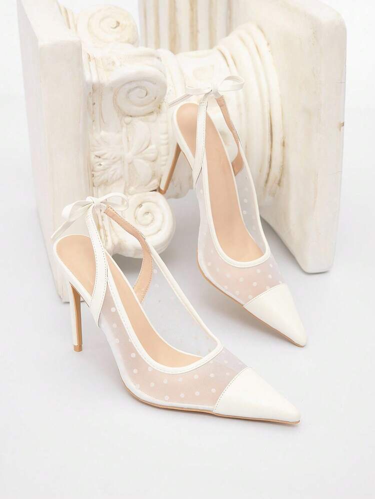 CUCCOO CHICEST Zapatos de tacón alto con punta fina para mujer, elegantes, románticos y sexy, de malla blanca y piel sintética, con diseño de lazo y lunares, adecuados para el té de la tarde, citas, fiestas, San Valentín y fiestas de cumpleaños