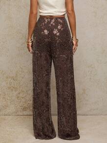 SHEIN BAE 女士花卉亮片装饰宽腿宽松优雅裤 - 棕色 - 查看 2