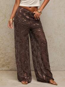 SHEIN BAE 女士花卉亮片装饰宽腿宽松优雅裤 - 棕色 - 查看 5