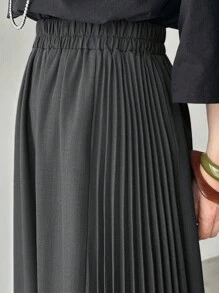 FRIFUL Women's Solid Gray Elastic Waist Side Pleated Casual Versatile Wide Leg Pants Fall - Grey - View 6