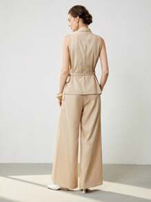 Uhlyne 2pcs/Set Women Casual Commute Linen Cowl Neck Wrap Top And Linen Pants Suit,Autumn,Minimalist,Business Casual,Holiday Outfits,Work Wear,Teacher Outfits,Back To School,Fall,Old Money Style - Khaki - View 5