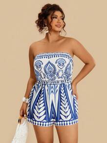 SHEIN VCAY Plus Size Women's Casual Tropical Geometric Hand Painted Print Halter Jumpsuit/Romper, Suitable For Summer & Autumn