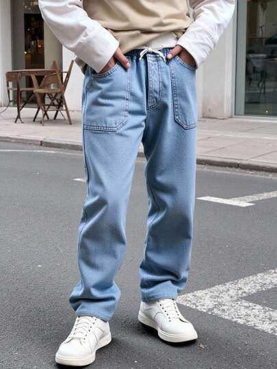 Tween Boy Retro Light Blue Washed Denim Jeans, Drawstring Waist, Patch Pockets, Simple Relaxed Tapered Fit, Soft & Comfortable Fabric, Versatile Fashion Chic For Autumn/Winter Fall