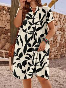 EMERY ROSE Plus Size Women's Black And White Contrasting Branches And Leaves Floral Pattern Short Sleeve Summer Casual Holiday Dress, Gift For Mother, Summer Vacation, Women's Holiday Clothing, Simple And Fashionable, Suitable For Daily Wear, Holiday Atmosphere, Spring Break, Casual Wear SS, Bohemian, Women's Sundress, Sundress Suitable For Going Out,Teacher Outfits For Women Chic Dress