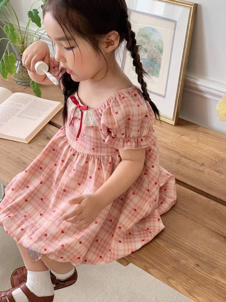 Toddler Girls' Casual Plaid Puff Sleeve Mid-Length Dress
