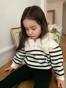 DAZY 女婴条纹长袖纽扣休闲连帽卫衣 - 米色 - 查看 5