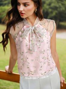 Vintamour 复古优雅刺绣网纱蝴蝶结休闲工作夏季上衣，适合夏季、春季、复活节等各种场合，包括夏季、度假、商务休闲、可爱、春季、办公室、外出、花卉、复活节、夏季、生日等各种场合。 - 藕粉色 - 查看 6