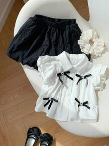Set de 2 piezas con camisa informal de rayas tejida y falda corta de vuelo con estampado floral para niñas jóvenes - Blanco - Ver 3