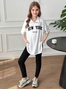 SHEIN Ensemble de 2 pièces pour jeune fille, style streetwear, t-shirt demi-zip avec col et legging noir unicolore, pour le port casual quotidien - Blanc - Voir 5