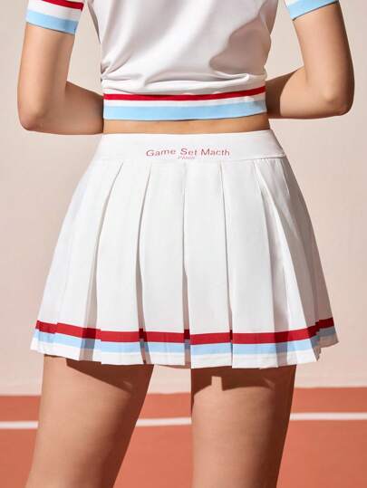 CourtClass Striped Print Contrast Color Pleated Sport Skort, Summer Pleated Tennis Skirt