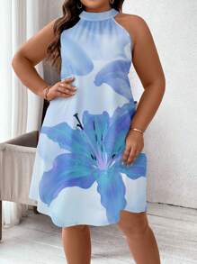 SHEIN Clasi Floral Print Neck-Tied Loose Short Dress, Plus Size, Suitable For Summer Suitable For Going Out - Multicolor - View 1