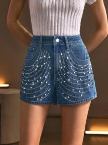 SHEIN Frenchy Women's Fashion Rhinestone & Rivet Decorated Denim Shorts, Summer - Blue - View 5
