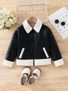 SHEIN Young Girl Woven PU Leather Long Sleeve Zip-Up Casual Jacket, Colorblock Thermal Lined Long Sleeve Jacket, Versatile For Autumn/Winter, Warm Winter Outerwear For Outdoor, Party, Snow Play,Suitable For Commuting And Outdoor Wear,Class Black & White.Mommy & Me. Fall - Black - View 9